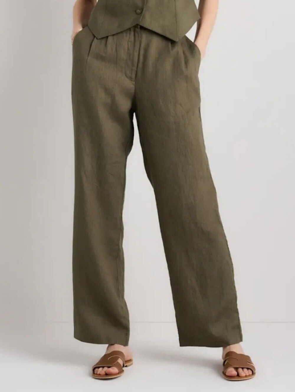 Quince 100% European Linen Pleated Trouser, Bayberry Olive, Size 14